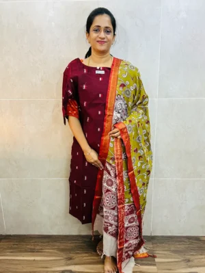 Premium semi raw silk top(cotton lining) paired with chennuri silk kalamkari dupatta