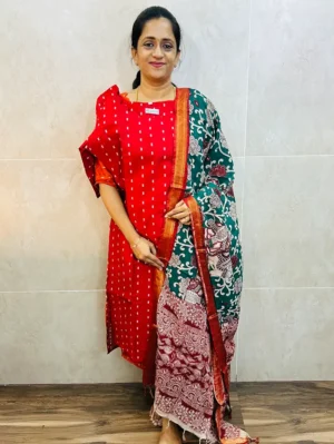 Premium semi raw silk top(cotton lining) paired with chennuri silk kalamkari dupatta