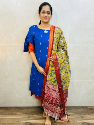 Premium semi raw silk top(cotton lining) paired with chennuri silk kalamkari dupatta