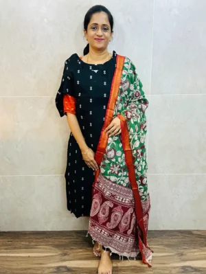 Premium semi raw silk top(cotton lining) paired with chennuri silk kalamkari dupatta
