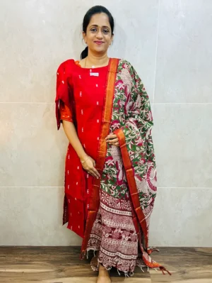 Premium semi raw silk top(cotton lining) paired with chennuri silk kalamkari dupatta