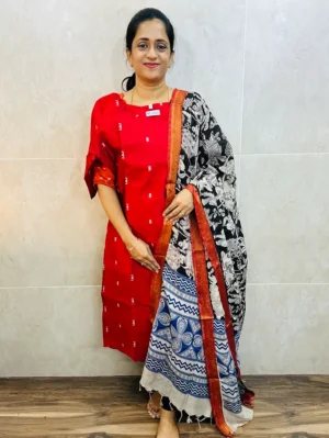 Premium semi raw silk top(cotton lining) paired with chennuri silk kalamkari dupatta