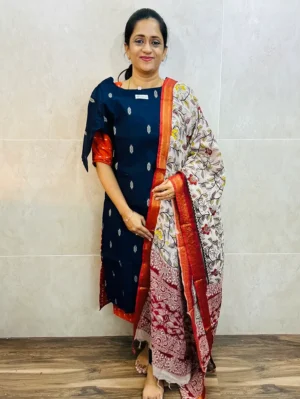 Premium semi raw silk top(cotton lining) paired with chennuri silk kalamkari dupatta