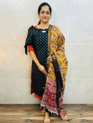 Premium semi raw silk top(cotton lining) paired with chennuri silk kalamkari dupatta
