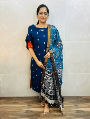 Premium semi raw silk top(cotton lining) paired with chennuri silk kalamkari dupatta