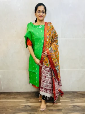 Premium semi raw silk top(cotton lining) paired with chennuri silk kalamkari dupatta