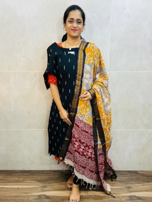 Premium semi raw silk top(cotton lining) paired with chennuri silk kalamkari dupatta