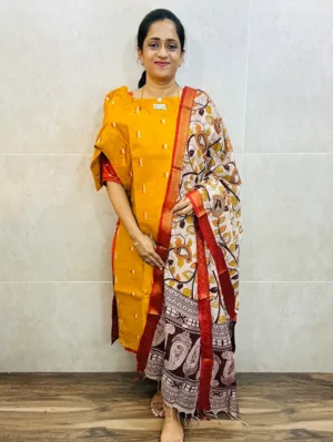 Premium semi raw silk top(cotton lining) paired with chennuri silk kalamkari dupatta