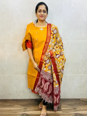 Premium semi raw silk top(cotton lining) paired with chennuri silk kalamkari dupatta