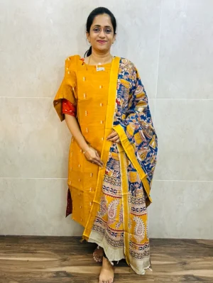 Premium semi raw silk top(cotton lining) paired with chennuri silk kalamkari dupatta