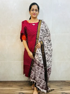 Premium semi raw silk top(cotton lining) paired with chennuri silk kalamkari dupatta