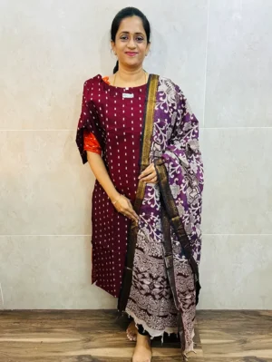 Premium semi raw silk top(cotton lining) paired with chennuri silk kalamkari dupatta
