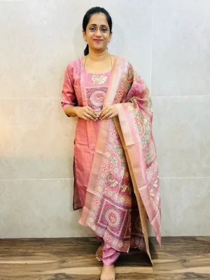 Premium semi Tussar top (cotton lining) paired with zari weaved semi Tussar dupatta and santoon bottom (free size)