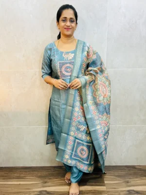 Premium semi Tussar top (cotton lining) paired with zari weaved semi Tussar dupatta and santoon bottom (free size)