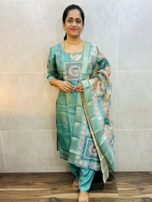 Premium semi Tussar top (cotton lining) paired with zari weaved semi Tussar dupatta and santoon bottom (free size)