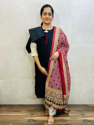 Soft silk top(cotton lining) with potli work on yoke paired with semi modal silk dupatta and silk bottom(free size)