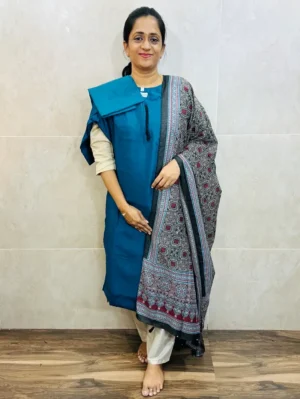 Soft silk top(cotton lining) with potli work on yoke paired with semi modal silk dupatta and silk bottom(free size)
