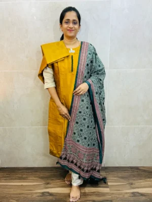 Soft silk top(cotton lining) with potli work on yoke paired with semi modal silk dupatta and silk bottom(free size)