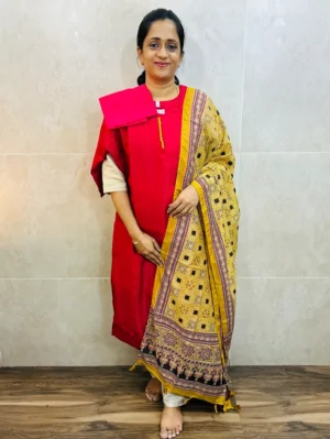 Soft silk top(cotton lining) with potli work on yoke paired with semi modal silk dupatta and silk bottom(free size)