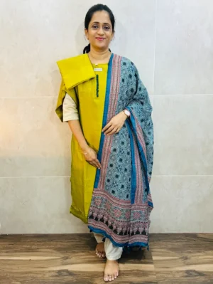 Soft silk top(cotton lining) with potli work on yoke paired with semi modal silk dupatta and silk bottom(free size)