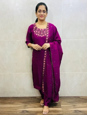 Soft silk top (Crepe lining) with embroidered yoke paired with soft silk dupatta and silk bottom (Free size)