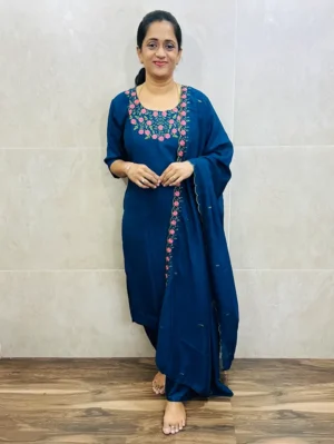 Soft silk top (Crepe lining) with embroidered yoke paired with soft silk dupatta and silk bottom (Free size)