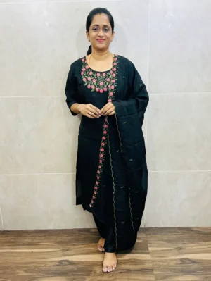 Soft silk top (Crepe lining) with embroidered yoke paired with soft silk dupatta and silk bottom (Free size)