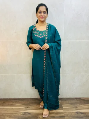 Soft silk top (Crepe lining) with embroidered yoke paired with soft silk dupatta and silk bottom (Free size)