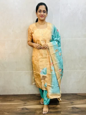 Semi tussar top(cotton lining) paired with printed semi tussar dupatta and silk bottom(free size)