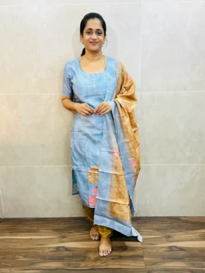 Semi tussar top(cotton lining) paired with printed semi tussar dupatta and silk bottom(free size)