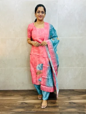Semi tussar top(cotton lining) paired with printed semi tussar dupatta and silk bottom(free size)