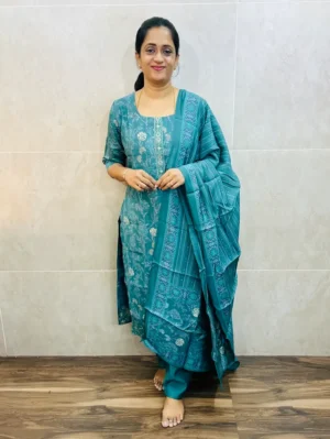 Semi modal silk top(cotton lining) paired with semi modal silk dupatta and silk bottom(free size)