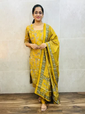 Semi modal silk top(cotton lining) paired with semi modal silk dupatta and silk bottom(free size)