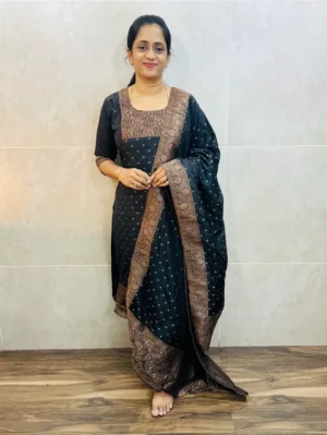 Premium Dola silk top(cotton lining) with allover antique benaras weaving paired with dola silk dupatta and silk bottom(free size)