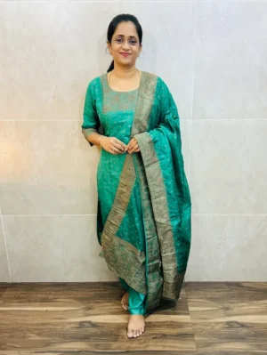 Premium Dola silk top(cotton lining) with allover antique benaras weaving paired with dola silk dupatta and silk bottom(free size)