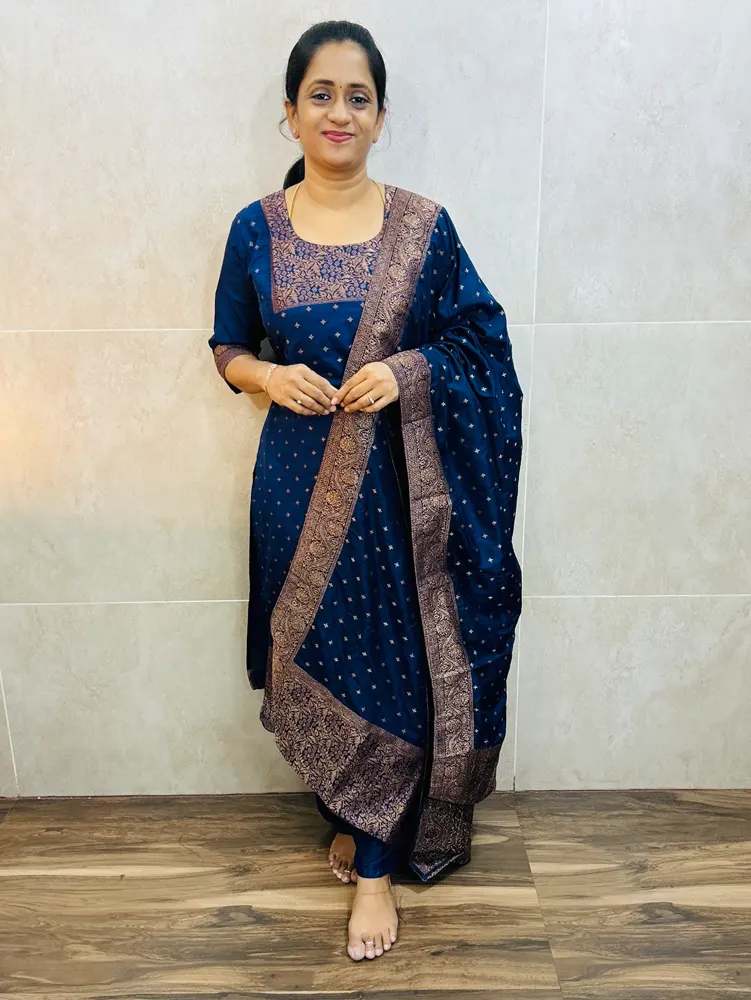 Premium Dola silk top(cotton lining) with allover antique benaras weaving paired with dola silk dupatta and silk bottom(free size)
