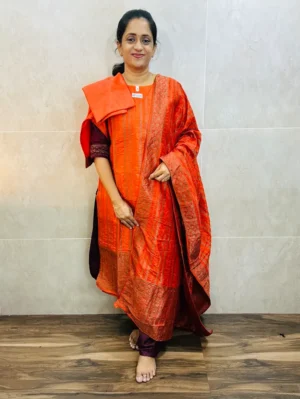 Premium Dola silk top(cotton lining) with allover antique benaras weaving paired with dola silk dupatta and silk bottom(free size)