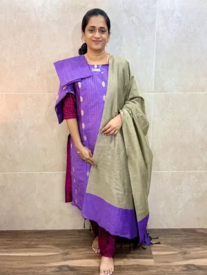 Semi raw silk top (cotton lining) with allover thread woven buttas paired with semi raw silk dupatta and silk bottom (free size)