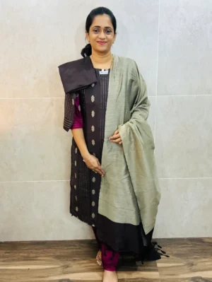 Semi raw silk top (cotton lining) with allover thread woven buttas paired with semi raw silk dupatta and silk bottom (free size)