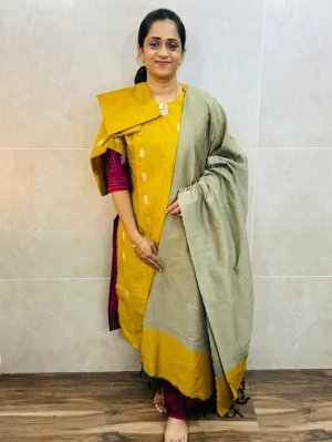 Semi raw silk top (cotton lining) with allover thread woven buttas paired with semi raw silk dupatta and silk bottom (free size)