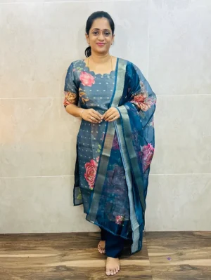 Printed Soft tissue silk top (cotton lining) with allover zari woven buttas paired with printed organza dupatta and silk bottom (free size)