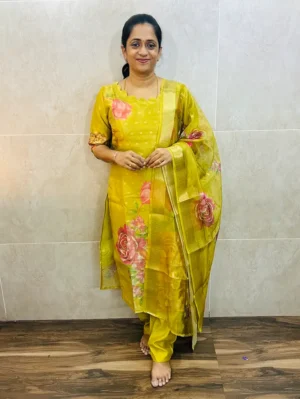Printed Soft tissue silk top (cotton lining) with allover zari woven buttas paired with printed organza dupatta and silk bottom (free size)