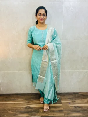 Premium Benaras soft tissue silk top(cotton lining)with embroidered yoke paired with soft tissue silk dupatta and silk bottom