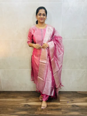 Premium Benaras soft tissue silk top(cotton lining)with embroidered yoke paired with soft tissue silk dupatta and silk bottom