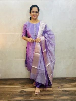 Premium Benaras soft tissue silk top(cotton lining)with embroidered yoke paired with soft tissue silk dupatta and silk bottom