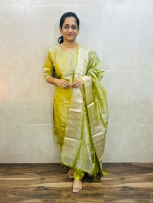 Premium Benaras soft tissue silk top(cotton lining)with embroidered yoke paired with soft tissue silk dupatta and silk bottom