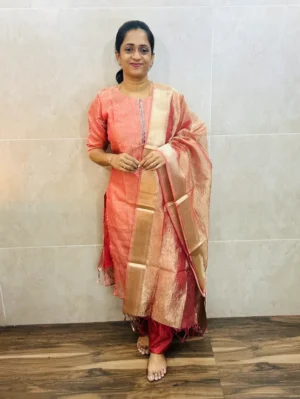 Premium Benaras soft tissue silk top(cotton lining)with embroidered yoke paired with soft tissue silk dupatta and silk bottom