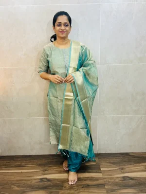 Premium Benaras soft tissue silk top(cotton lining)with embroidered yoke paired with soft tissue silk dupatta and silk bottom