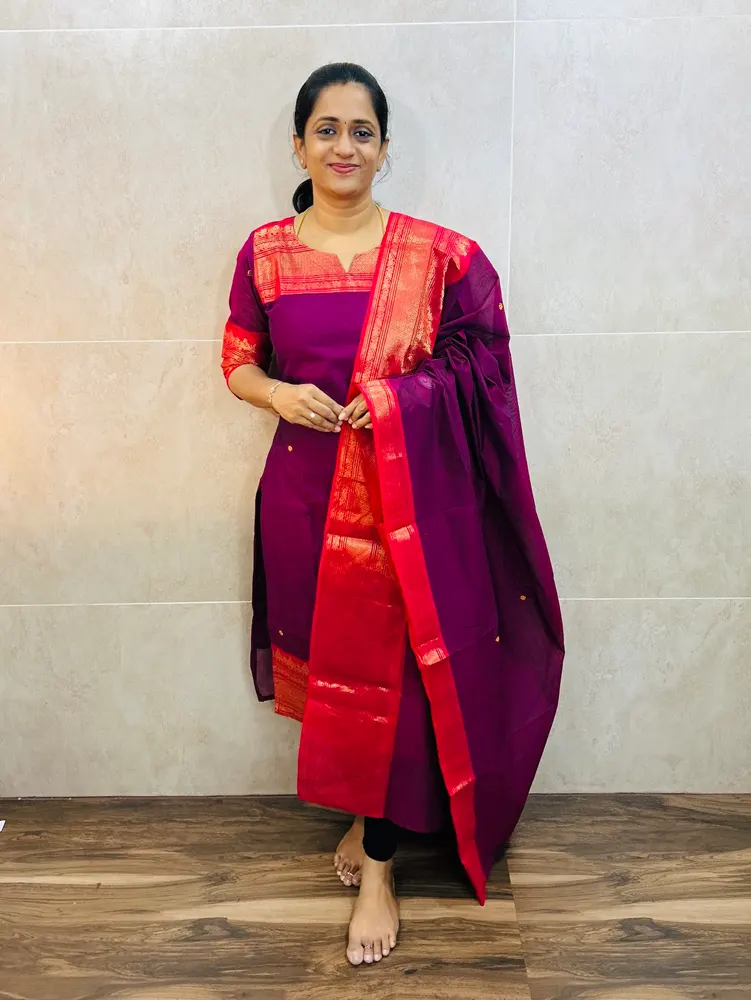 TOP ONLY-Kanchi cotton top (cotton lining) with zari weaving borders(straight cut)