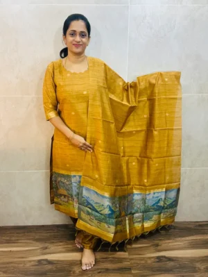 Premium semi raw silk top(cotton lining)with exclusive jamdani weaving paired with semi raw silk dupatta and silk bottom(free size)